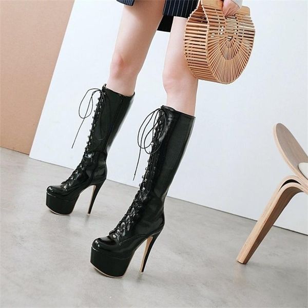 

boots autumn and winter high heel medium lace up pu women's large, Black