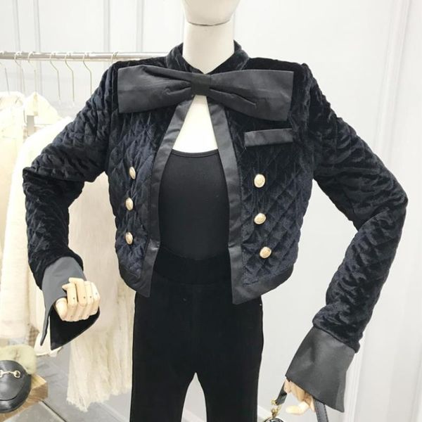 

women's jackets quilted cotton jacket female bow velvet short coat, Black;brown
