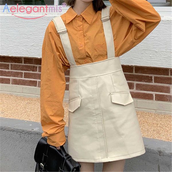 

aelegantmis faux leather suspender skirt women elegant korean fashion female pu strap skirts high street spring 210607, Black