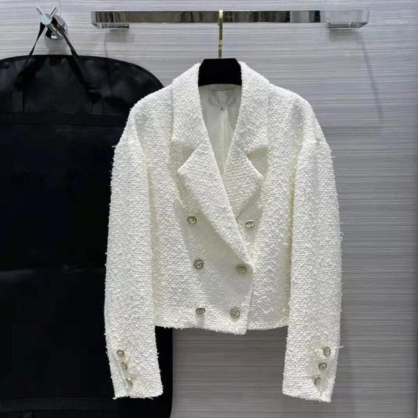 

women's wool & blends european and american wear 2021 winter the double breasted white fashion tweed jacket with long sleeves lapels, Black