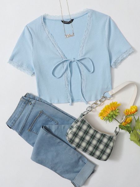 

knot front lace trim rib-knit w1fh#, White