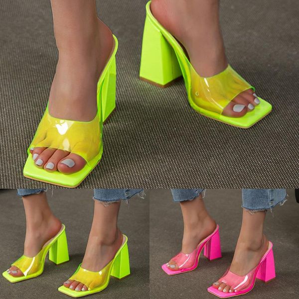 

slippers 2021 summer pvc women sandals crystal square toed open toe high heels mules transparent heel pumps, Black