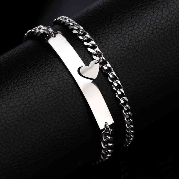

2pcs/set geometric heart-shaped puzzle bracelet for couples stainless steel cuba nk chain men's and women's charm jewelry gifts, Golden;silver