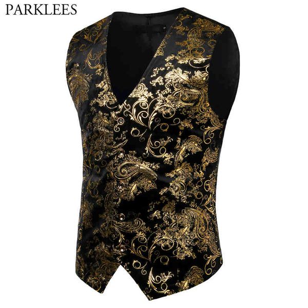 Erkek Altın Metalik Paisley Baskılı Steampunk Yelek Tek Göğüslü V Boyun Düğün Yelek Erkekler Smokin Aristokrat Yelekler Jile 2XL 210522