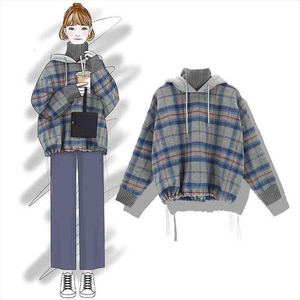 

womens thickened autumn and winter holiday two piece plaid high neck student loose retro hoodie clothes album top, Black