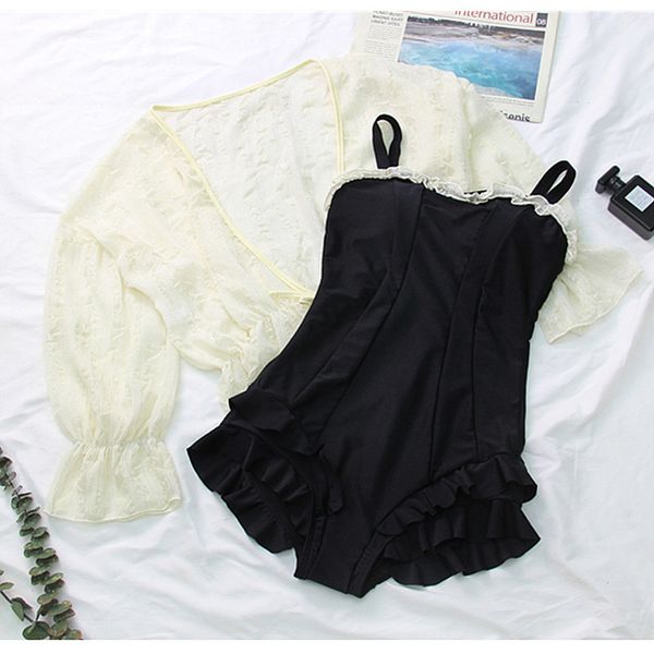 

swimwear conjoined cover the belly meat conservative ins web celebrity students show thin bubble spring bathing suit, White;black