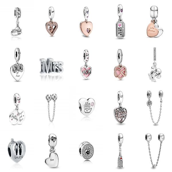 Ciondolo a catena di sicurezza rotondo in argento sterling 925 con cuore d'amore, perline fini fai da te, adatto per gioielli di moda da donna con bracciale Pandora