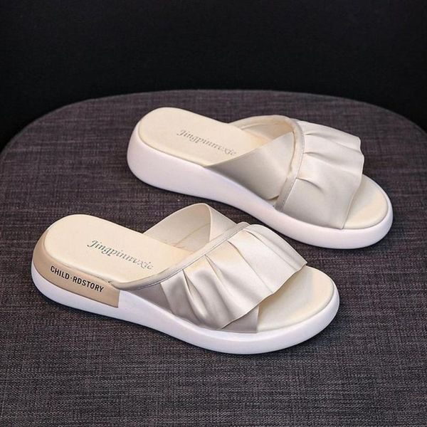 

beach solid ruffles cross-strap lady casual shoes fashion women slips heel flat slippers leather fish mouth flats soft, Black