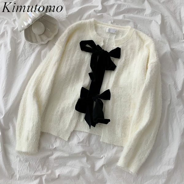 

kimutomo vintage japanese style cardigans women gentle o-neck bow belt solid long sleeve thin spring elegant 210521, White