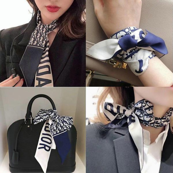 

and new silk long pointed leopard letter thousand bird check printed diagonal women' bandage scarf, Blue;gray