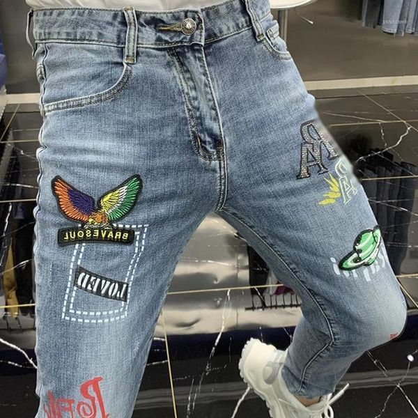 

men's jeans eagle embroidery homme drilling slim fit men spring european fashion denim moda hombre 2021, Blue