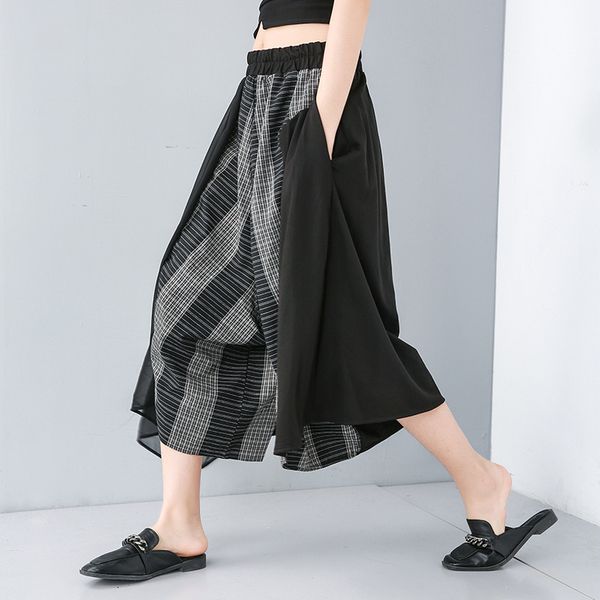 

pants trousers elastic waist chiffon wide leg in early autumn 2021 large irregular capris 2798, Black;white