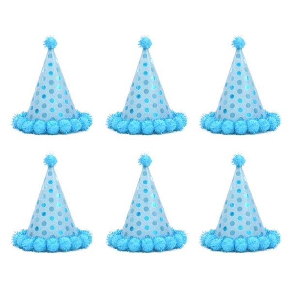 

party hats 6pcs birthday paper hat shiny plush balls cap supplies (sky-blue)