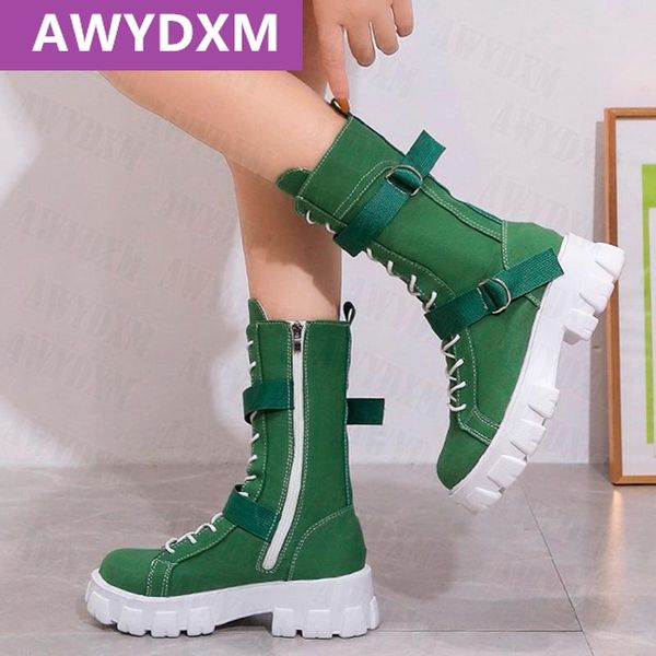 

boots 2022 autumn winter lace punk casual femme shoes buckle platform gladiator motorcycle calf high plus size 35-43 sport lady, Black