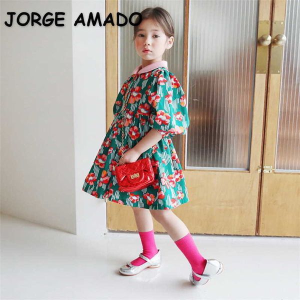 Koreanischer Stil Sommer Kinder Mädchen Kleid Gelb Grün Blumen Lange Puffärmel Peter Pan Kragen für 2-7 Jahre E6899 210610