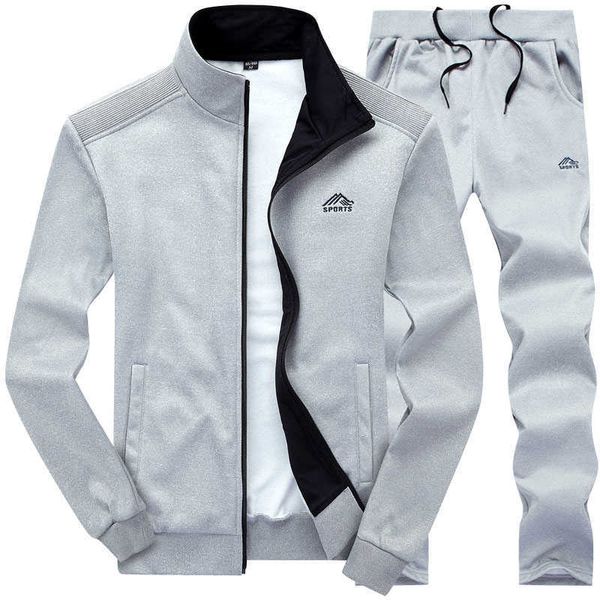 

men tracksuit casual solid striped zipper sets 2 pc jackets + pants male spring autumn sportswear sporting suit outwear 211006, Gray