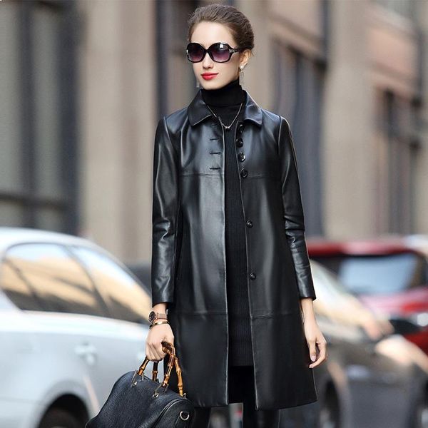 

women's leather & faux high-end genuine jacket 2021 autumn winter sheepskin coat white duck down long women clothes abrigos mujer gmm56, Black