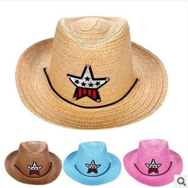 

amoy summer children's jazz hat five pointed star cowboy hat straw sun, Yellow
