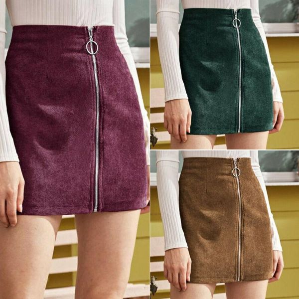 

skirts women mini zipper front corduroy skirt short pencil clubwear, Black
