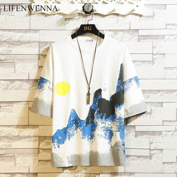 LIFENWENNA Sun Mountain Streetwear Fashion T Shirt Uomo Estate O Collo T-shirt manica corta da uomo Hip Hop Top Tees Camicie 5XL 210528