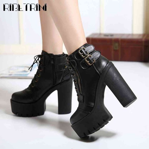 

boots elegant girl shoes lace buckle block heel fashion spring round toe ankle women platform winter boots, Black