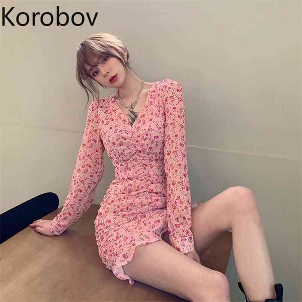 

korobov vintage v neck long sleeve women dress korean chic slim flower print female dreses new mini vestidos 210430, Black;gray