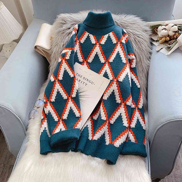 

women's sweaters winter chess turtleneck long sleeve thick mesh pullovers casual women's fashions straight line baggy autumn woman, White;black