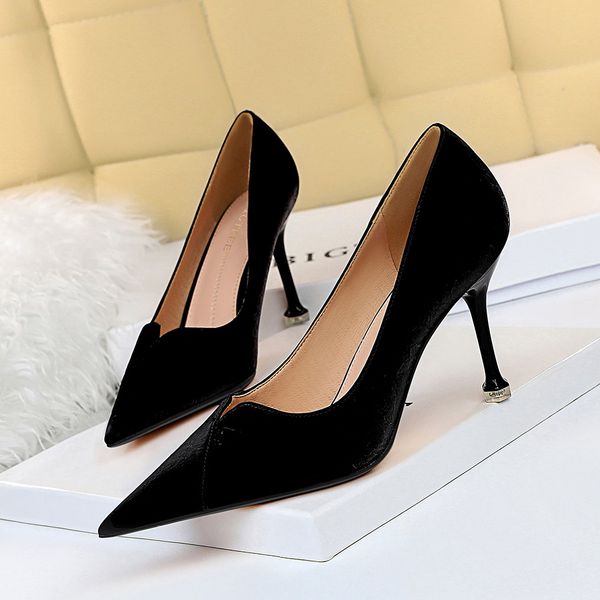 

korean style simple women's shoes shallow mouth pointed nightclub slim spring and autumn high heels, Black