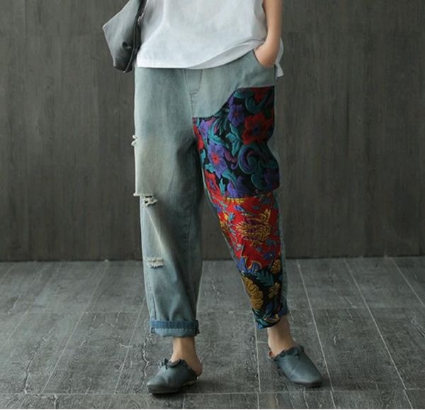

women's jeans 2021 summer retro women elastic waist loose denim pants female embroidery spliced pocket vintage trousers, Blue