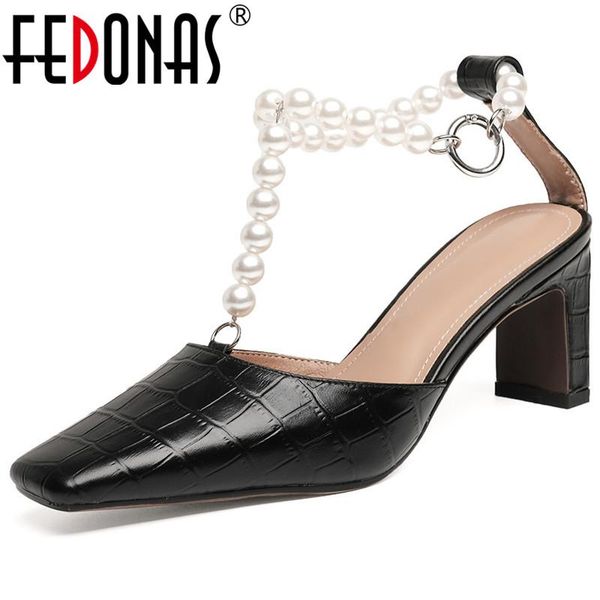 

pearl decoration women sandals 2021 summer est sweet high heels pumps genuine leather wedding party shoes woman dress, Black