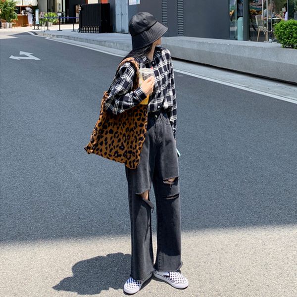 

2011Woman Jeans Ripped High Waist Clothes Wide Leg Denim Clothing Streetwear Vintage Quality 2021 Fashion Harajuku Straight Pants, Gray
