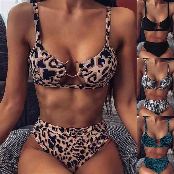 

summer bikini set women high waist leopard snake print split swimsuit push up bandeau thong brazilian biquini swimwear, White;black