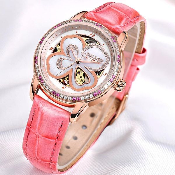 

wristwatches sollen automatic women watch ladies colorful luxury delicate rhinestone watches mechanical montre femme sl405, Slivery;brown