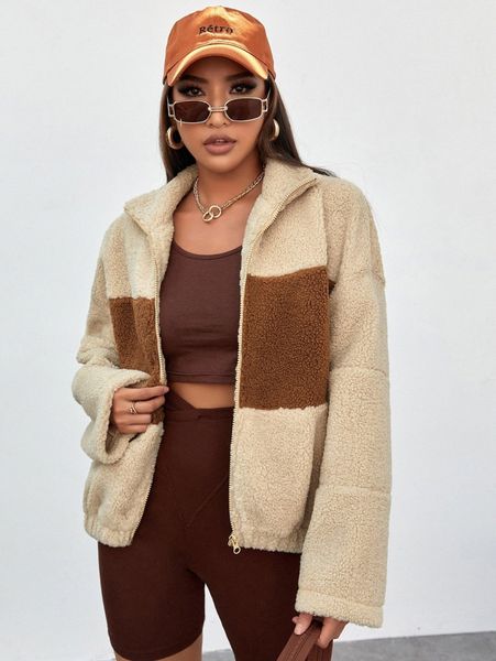 

color block drop shoulder fleece jacket p9d8#, Black;brown