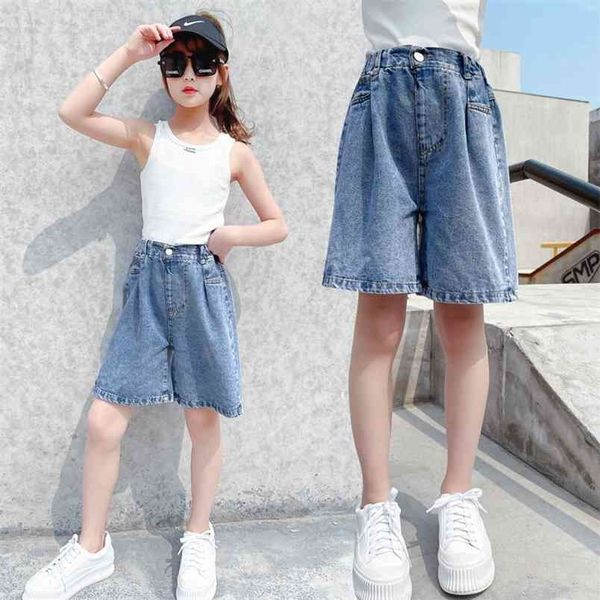 Sommer Hohe Taille Baumwolle Denim Shorts Für Teenager Mädchen Kleidung Ankünfte Einfarbig Mode Halbe Hosen 6 8 10 12 14 jahre 210723