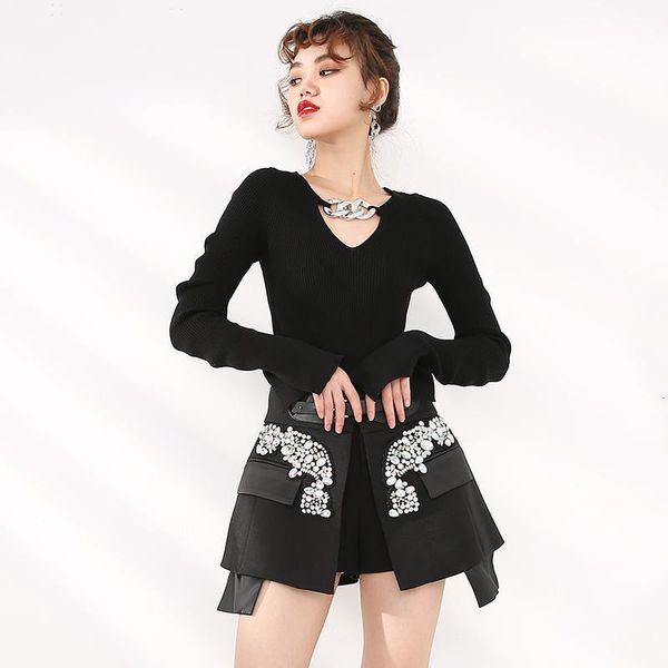 

[eam] high waist rhinestones irregular temperament mini half-body skirt women fashion tide spring autumn jy75801, Black