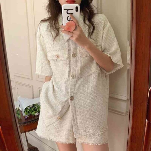 

two piece dress summer casual tassel office lady gentle slim coats+ femme loose shorts all match pieces sets suits xh9i, White