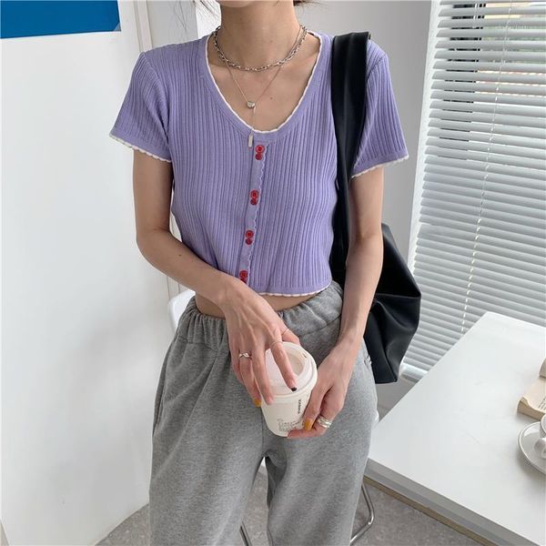 

women's summer 2021 knitted short-sleeved t-shirt fashion v-neck button lace decoration 4 colors, White