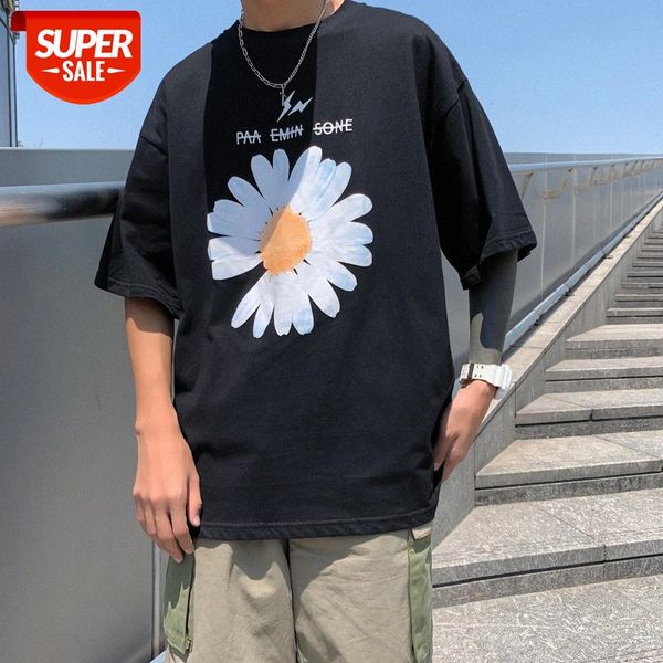 

aberdeen literary male couples short-sleeved t-shirt summer hong kong style daisy print ins trend casual loose half-sleeved #pm5y, White;black
