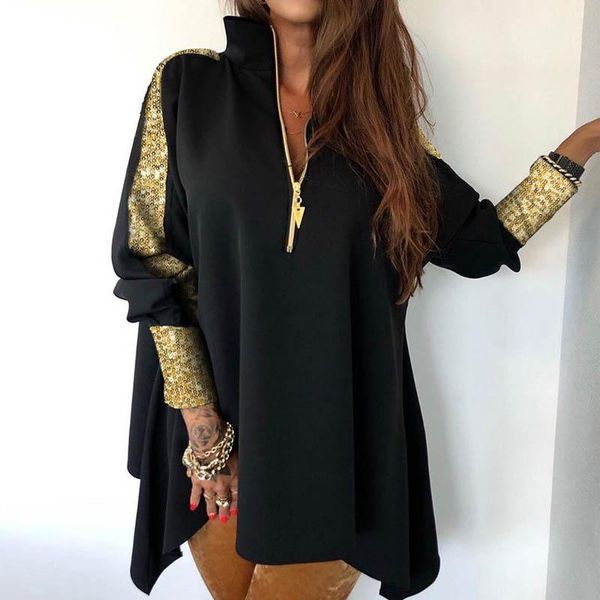 

casual dresses sequins long sleeve women dress spring zipper turn-down collar party black loose mini female women's clothes, Black;gray