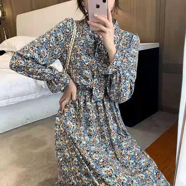 

casual dresses korean one-piece elegant sweet women's dress chiffon 2021 spring autumn clothing long sleeves midi, Black;gray