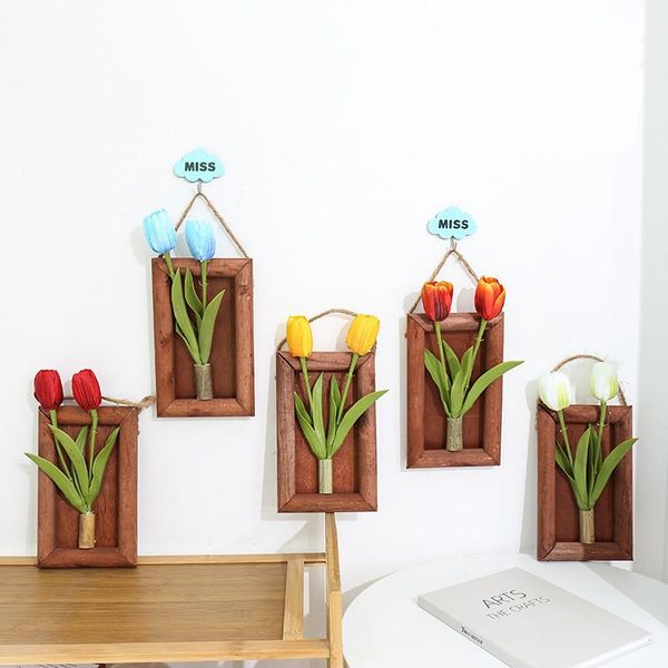 

decorative flowers & wreaths 2 flower heads silk fake tulip wall hanging frame wooden potted artificial plant bonsai home decor