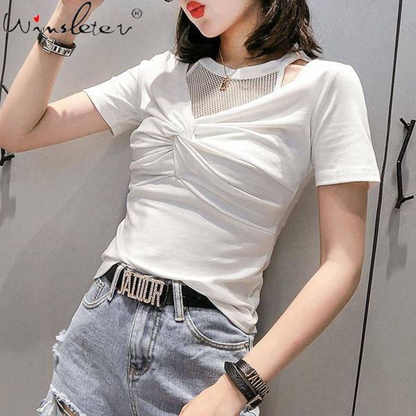 

women's t-shirt slim cotton women solid cut out summer casual short sleeve mesh t shirts female camisetas verano mujer 2021 t03915b, White