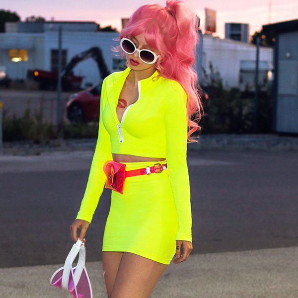 

est two pieces candy color women casual sport es suits summer long sleeve zipper front cropped and bdoycon skirt club, Black;gray