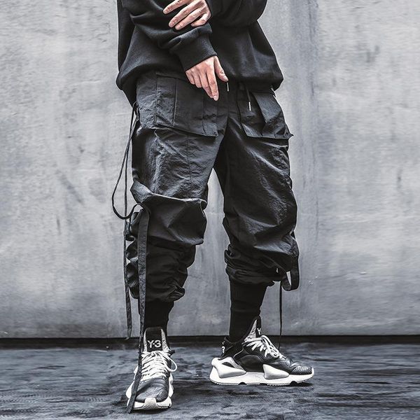 

ribbons multi-pockets cargo long pants men harajuku casual black hip hop trouser streetwear techwear joggers male sweatpants men's