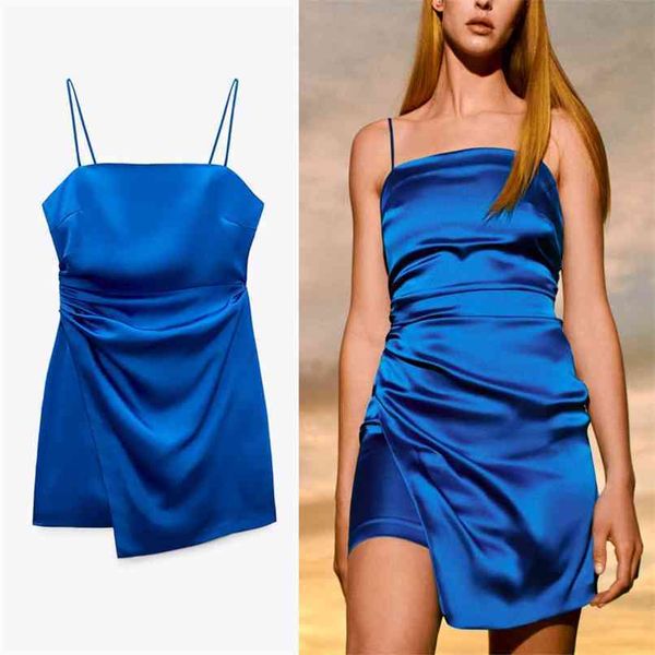 

mini summer dress women sleeveless spaghetti straps ruched party dresses woman backless asymmetric blue 210524, Black;gray