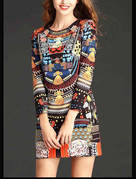 

runway women new style full sleeve o neck retro floral print clothes vogue ladies party dress vestidos, Black;gray