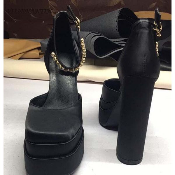 

dress shoes fashion waterproof platform square head hollow foot nude rhinestone chain solid color baotou, Black