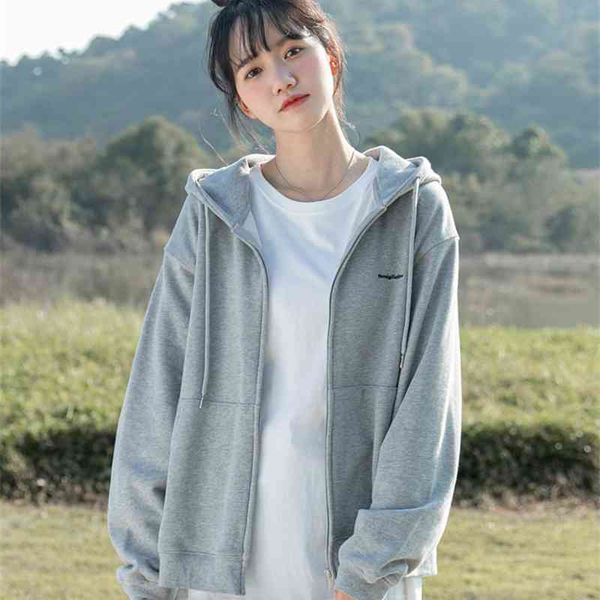 

grey hooded cardigan sweater women's 2021 autumn winter new korean loose trend coat casual top, Black