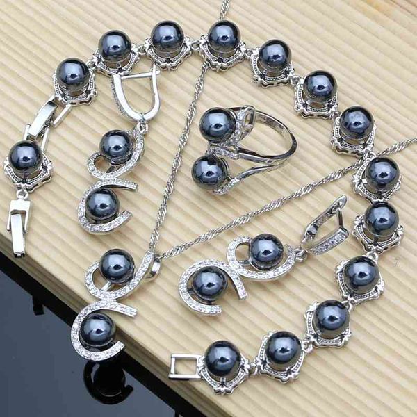 

black silver 925 jewelry women pearl charm bracelet earrings ring necklace sets for wedding party birthday gift